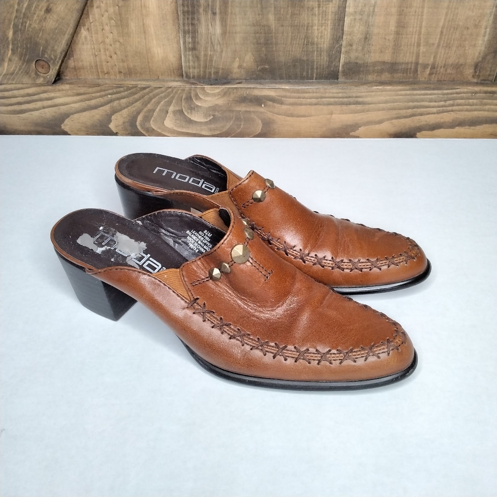 Moda Spana Carmel Brown Leather Stitched Bronze Studded Mule Slide Heel Sz 8.5